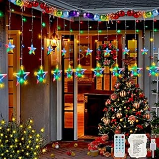 Hezbjiti Star Curtain Lights, 12 Stars Window Lights, 12 Modes Star Fairy Lights, Sync with Music & Timer Eid Decorations for Indoor Outdoor Bedroom Garden Birthday Party Wedding Holiday (Multicolor)