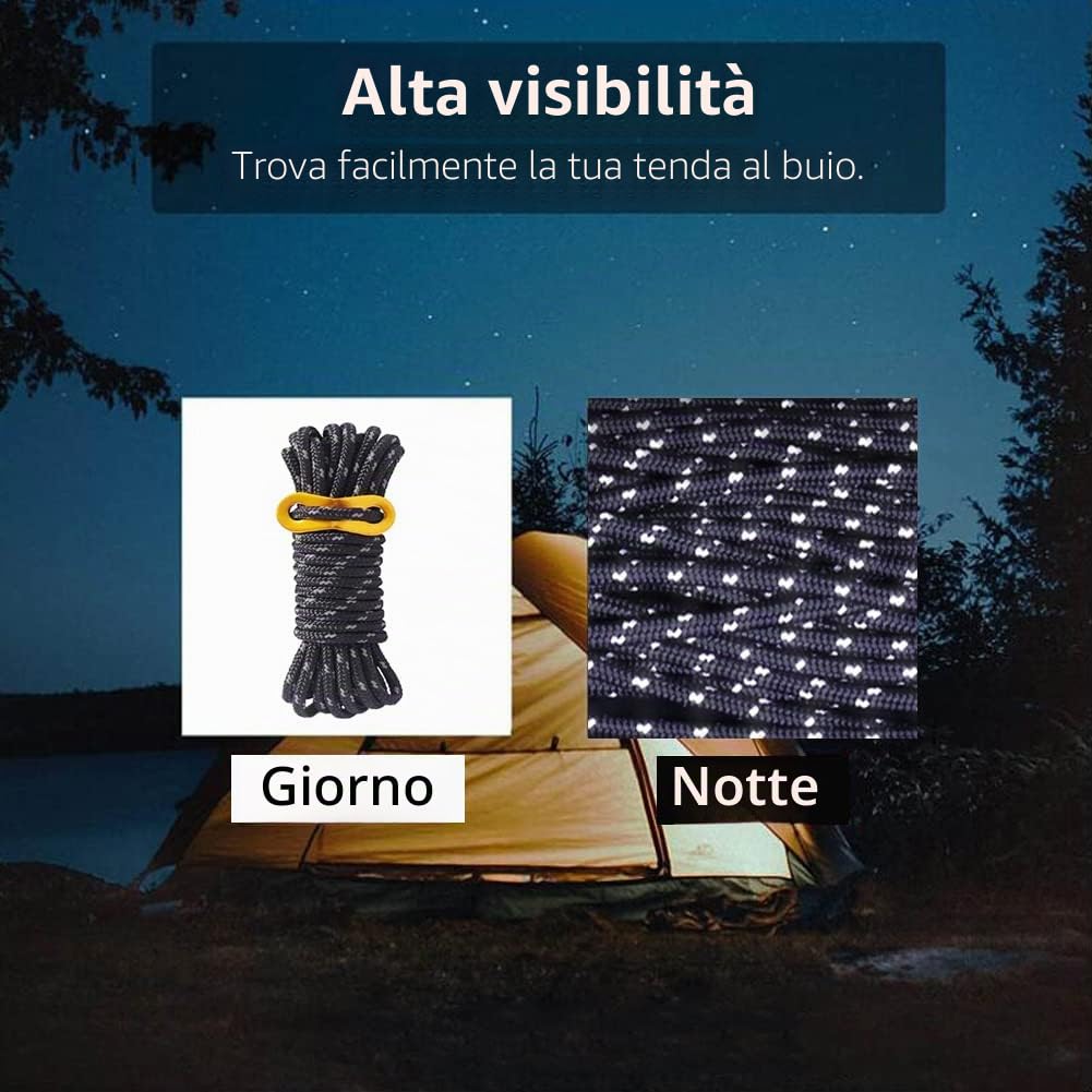 6 Pezzi Corda Tenda Riflettente Corda Tenda Campeggio 4m x 5mm Corda Tiranti Tende Corda Tenda Nera con Tenditore Regolabile per Tenda da Campeggio all'aperto
