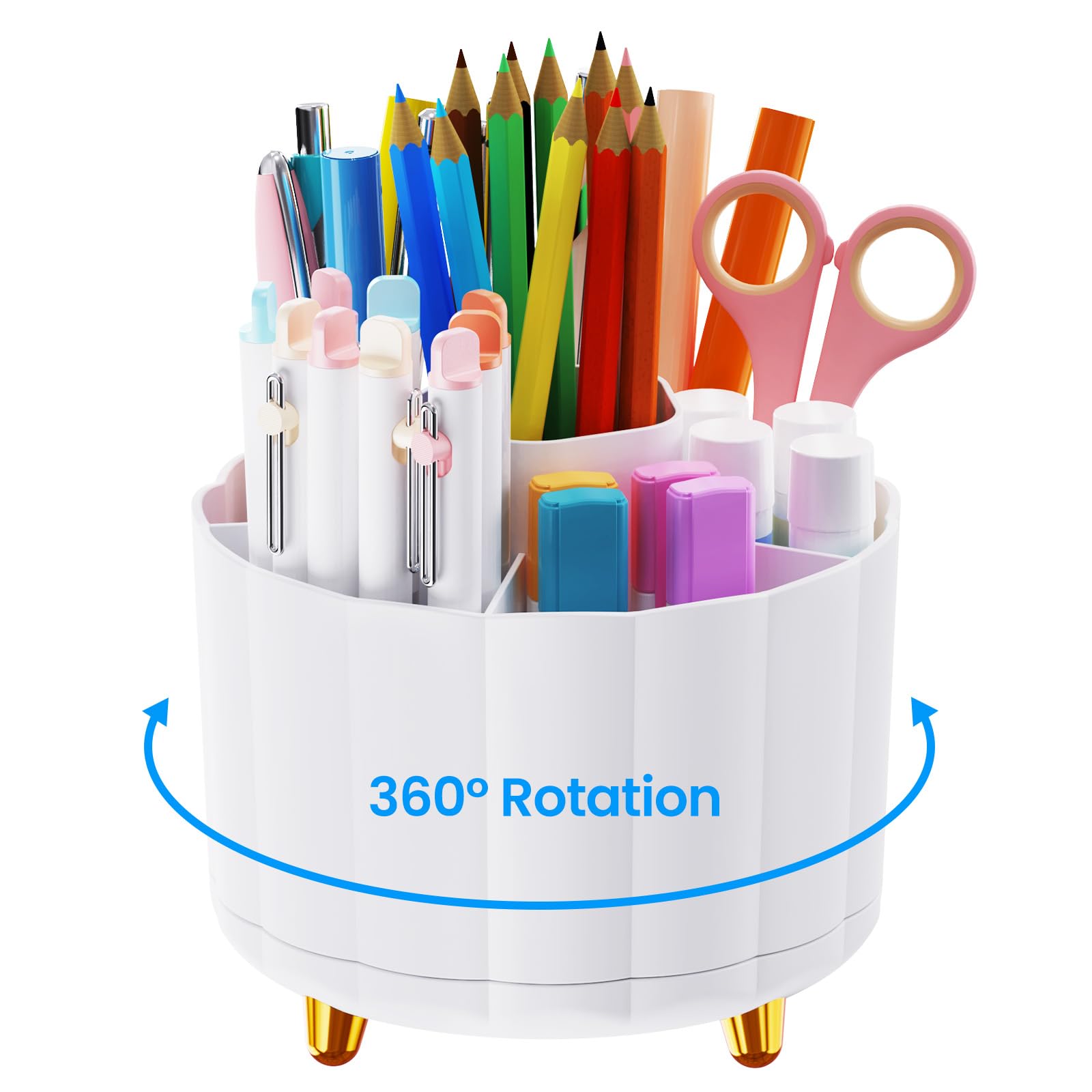 IVEETTY Pen Holder for Desk Organizer Caddy 360 Rotating, Pencil Holder for Desk, Office, Classroom & Home, Cute Pencil Holders with 6 Slots, Pen Organizer for Desktop, Workspace Organizers, White