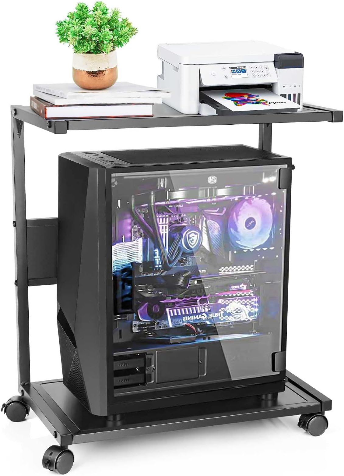 2 Tier Iron Computer Tower Stand with Lockable Casters - Fits Most PC (Black, L)