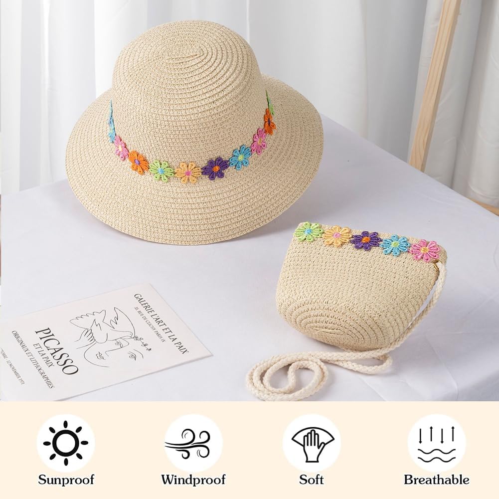 Chapeau de Soleil pour Filles Mini Sac de Paille, Petit Sac avec décoration de Fleurs Chapeaux de Paille de Plage d'été Chapeau de Soleil pour activités de Plein Air