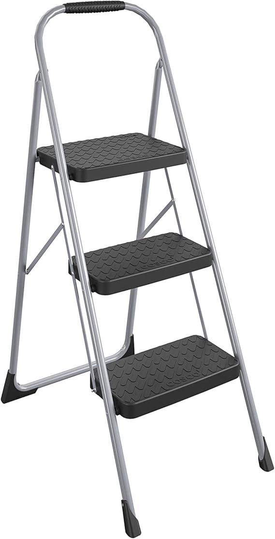 Cosco 11408PBL1E Three Step Big Step Folding Step Stool with Rubber Hand Grip, Grey