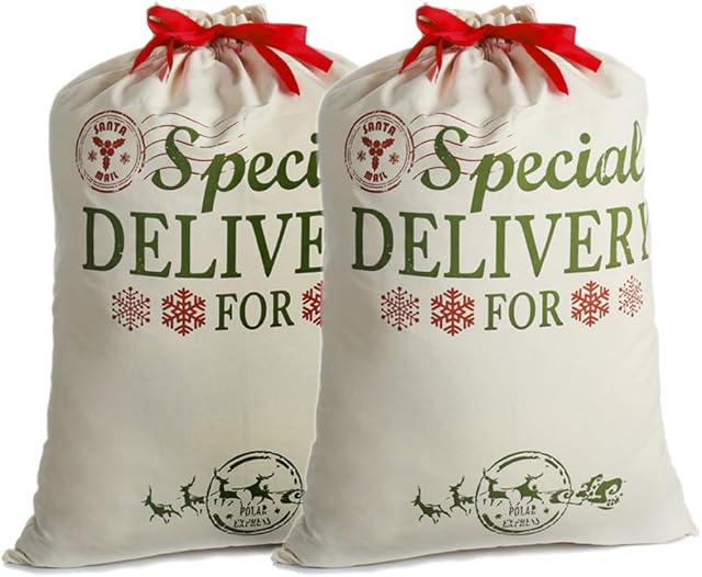 2 Pack Santa Sacks Personalised Christmas Gift Canvas Bags Extra Large with Red Drawstring for Xmas Stockings Stuffers Presents Holder & Party Decorations For Kids (26.8 X 19.7)