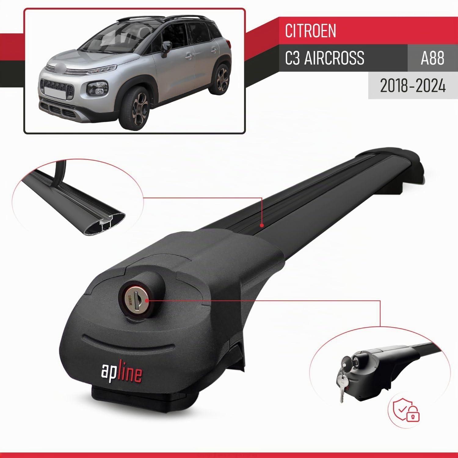 Compatibile con Citroen C3 Aircross (A88) 2018-2024 Modello ACE-1 Barre Tetto Portapacchi Auto Barre Portatutto Nero Alluminio 2 Barre