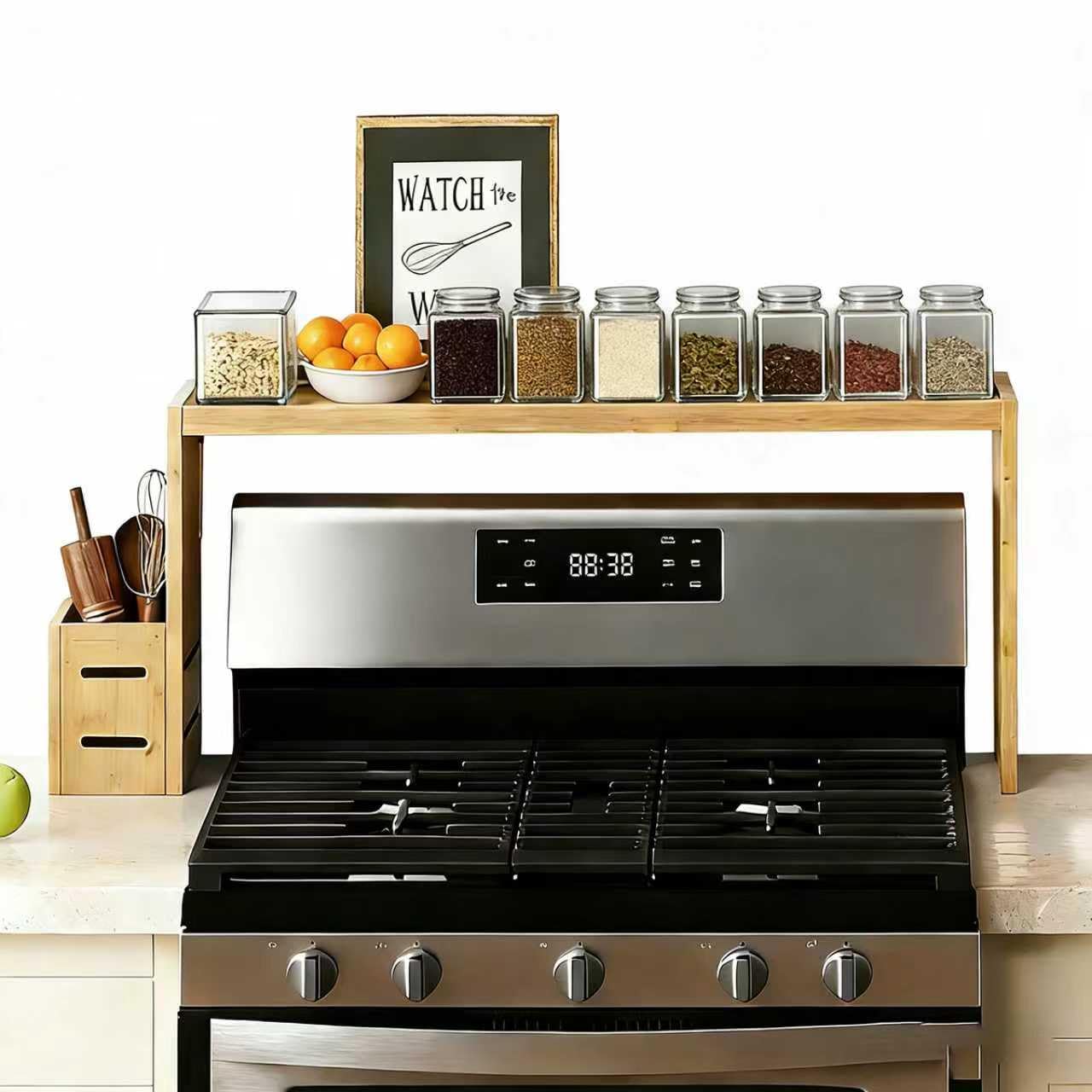 AODANC Over The Stove Shelf Wooden,31.5-inch Bamboo Spice Rack Top Over Stove For Above Hob,Height-Adjustable Organizer Storage Shelf For Kitchen (Wood color)