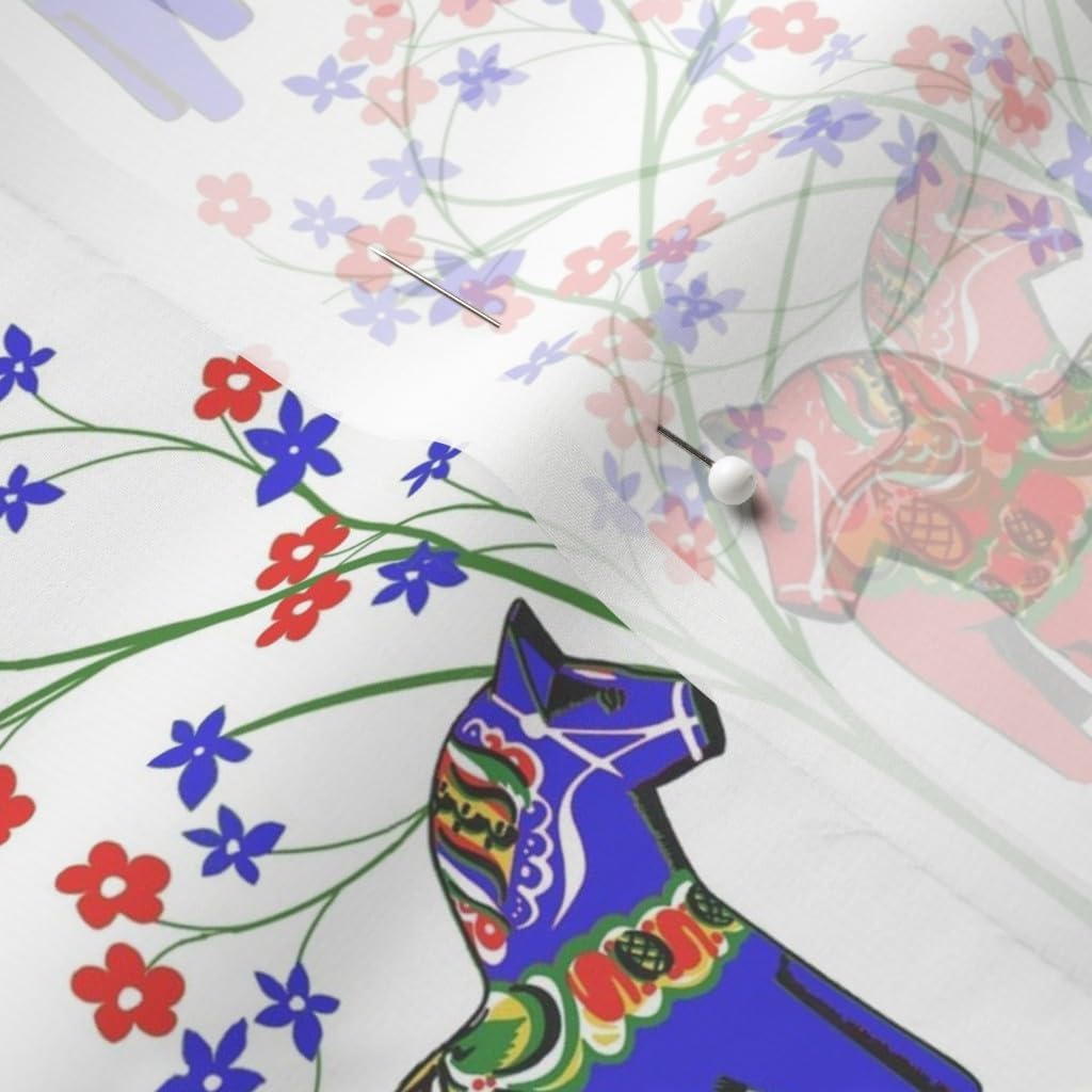 Spoonflower Fabric - Floral Swedish Dala Horses Flowers Horse Folk Art Printed on Chiffon Fabric by The Yard - Sewing Fashion Apparel Dresses Home Decor