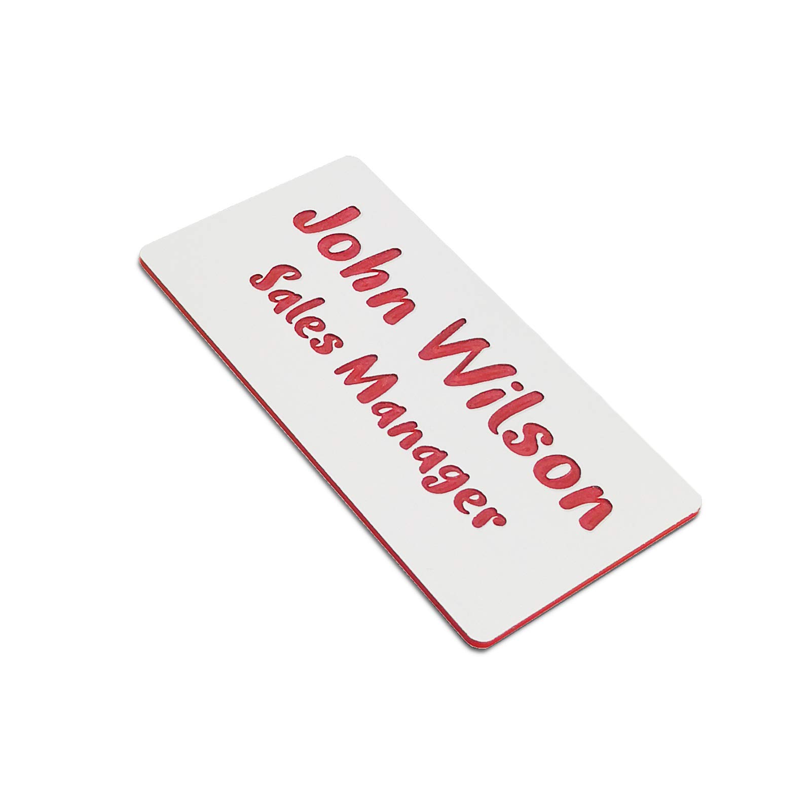Custom Engraved Name Tag Badges for Business, Personalized Identification with Pin, Magnetic, Adhesive, or Blank Backing, 1.5"x3", White/Red Text