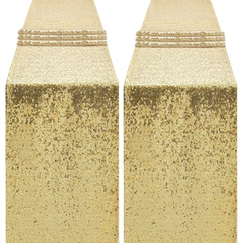 OQSC Gold Table Runners - Sequin Table Runner Glitter Table Runner for Birthday Party, Supplies Decorations 2 Pcs, Gold