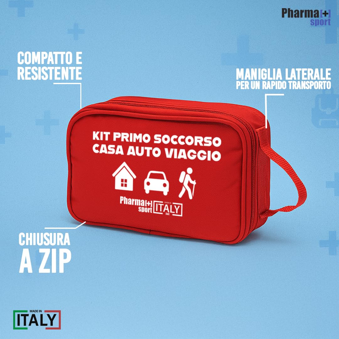 PHARMAPIÙ SPORT – Kit Primo Soccorso per Casa, Auto e Viaggio | Borsa Emergenza Completa con Garze, Cerotti, Disinfettante e Guanti | MADE IN ITALY