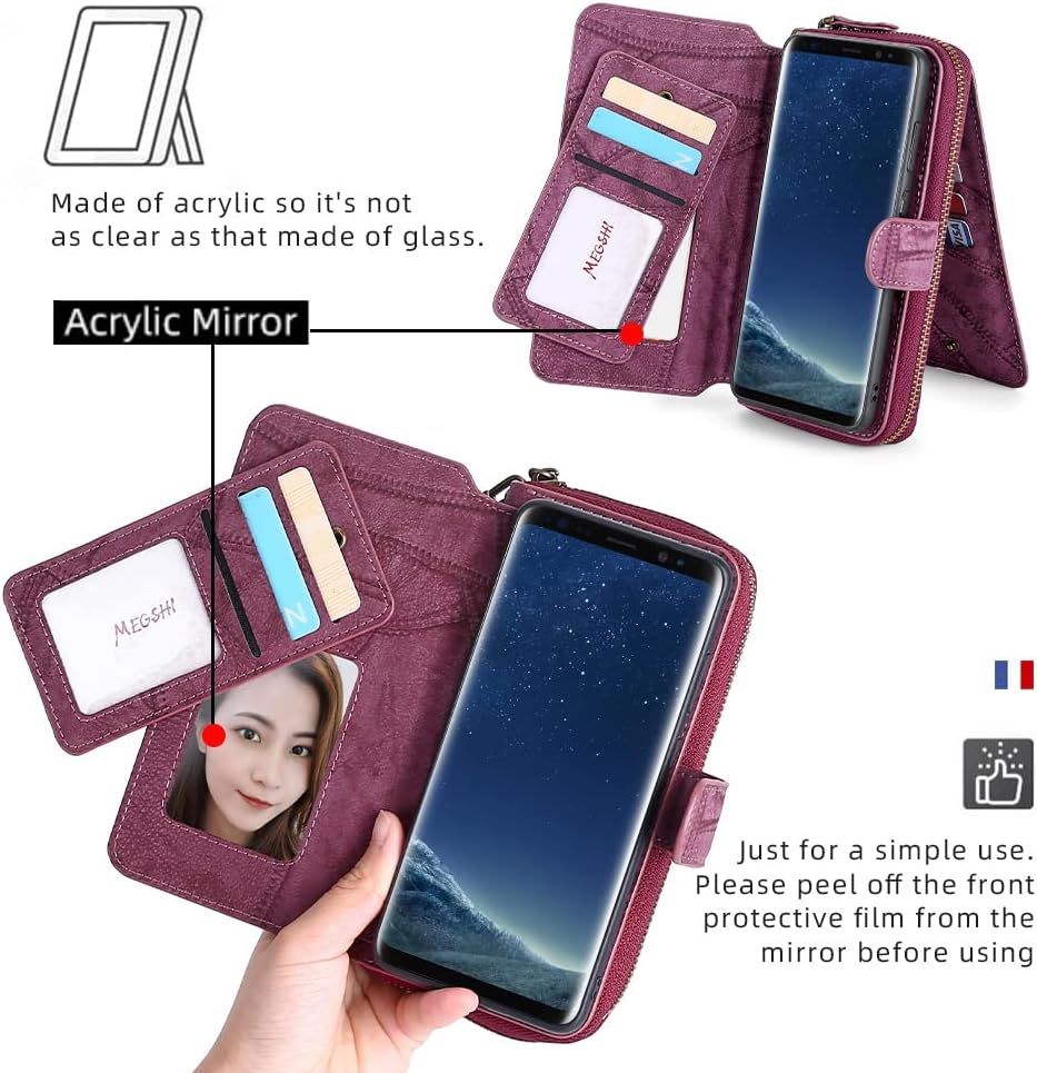Asuwish Phone Case for Samsung Galaxy S8 Plus Zipper Wallet Detachable Cover with Screen Protector and Flip Mirror Card Holder Cell Accessories S8plus S 8 8plus 8S Edge S8+ SM-G955U Women Men Wine Red