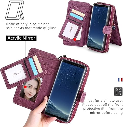 Miniatura 4 de Asuwish Funda de teléfono para Samsung Galaxy S8 con cremallera, funda desmontable con protector de pantalla de vidrio templado y soporte de tarjeta