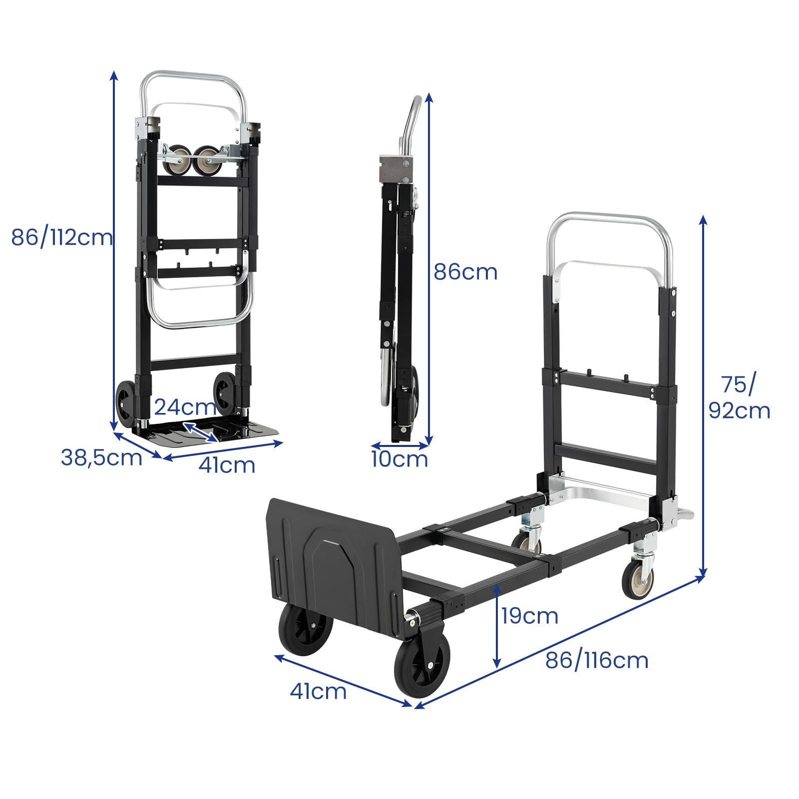 GYMAX Carretilla Plegable con 4 Ruedas, Carro de Transporte con Mango Retráctil, Longitud Extensible y Altura Ajustable, Carga de 272 kg, Carro Plataforma para Almacén, Fábrica y Supermercado