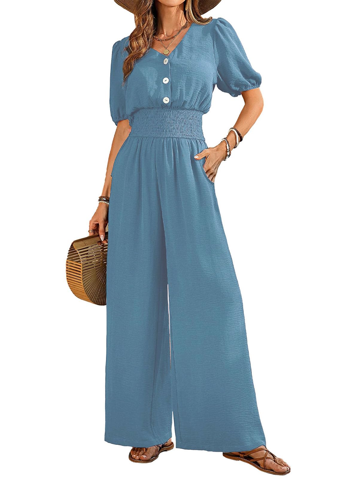 Jumpsuit Damen Sommer Kurzarm V-Ausschnitt Overall Elegant Taillenbetonender Jumpsuit Sommer Caual Playsuit mit Taschen