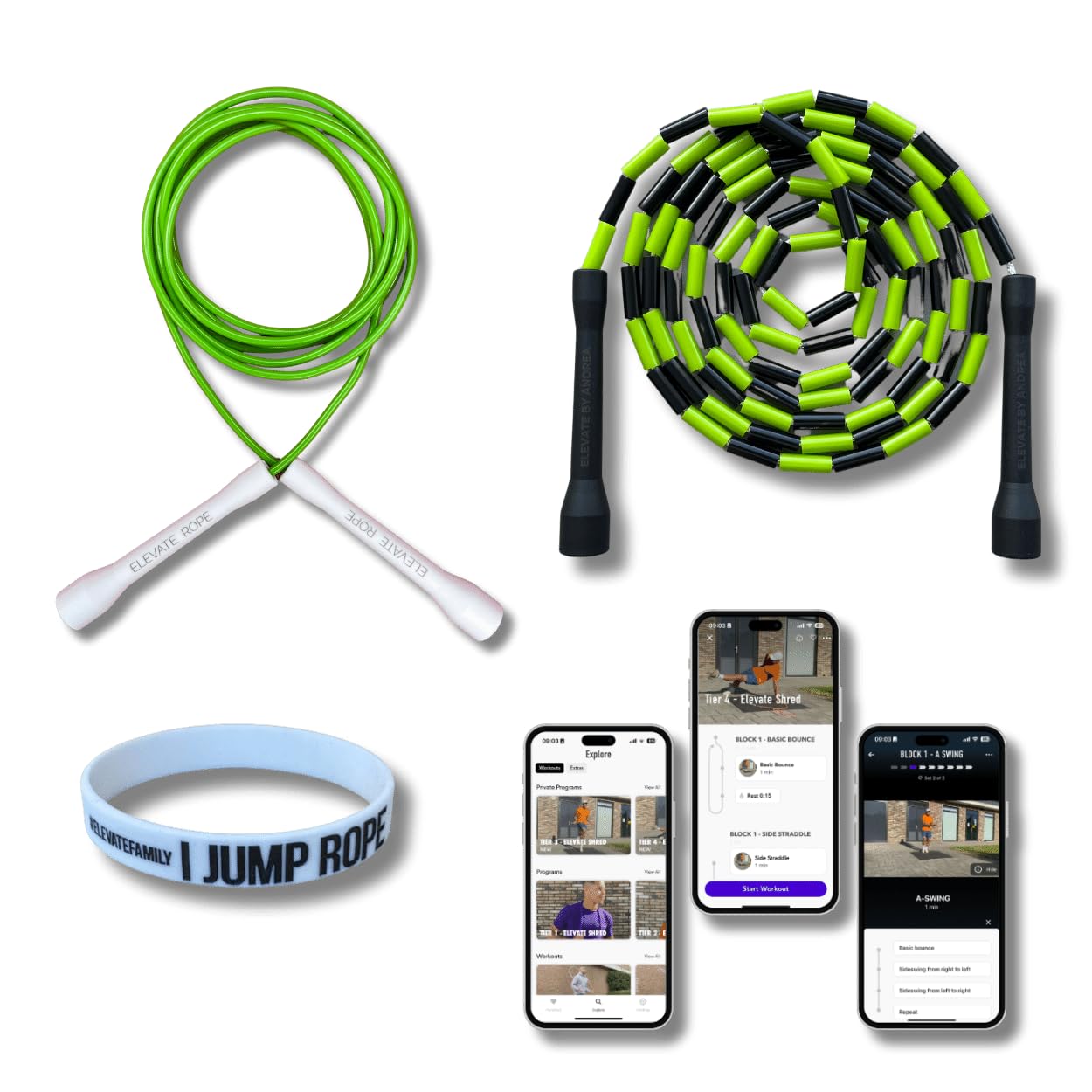 Elevate Rope - Springtouw Bundel Met Workout App - 2 x Verstelbare Jump Rope - Volwassenen en kinderen - Speed Beaded Rope - Conditie & Trucs - Binnen/ Buiten - Springtouwset (Groen