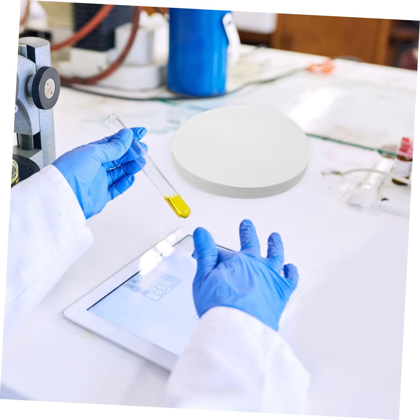 Papel de Filtro Cualitativo de Discos 18cm, Flujo Medio, 100 Uds | Blanco, para Experimentos y Química, Separa Precipitados Gruesos y Gelatinosos