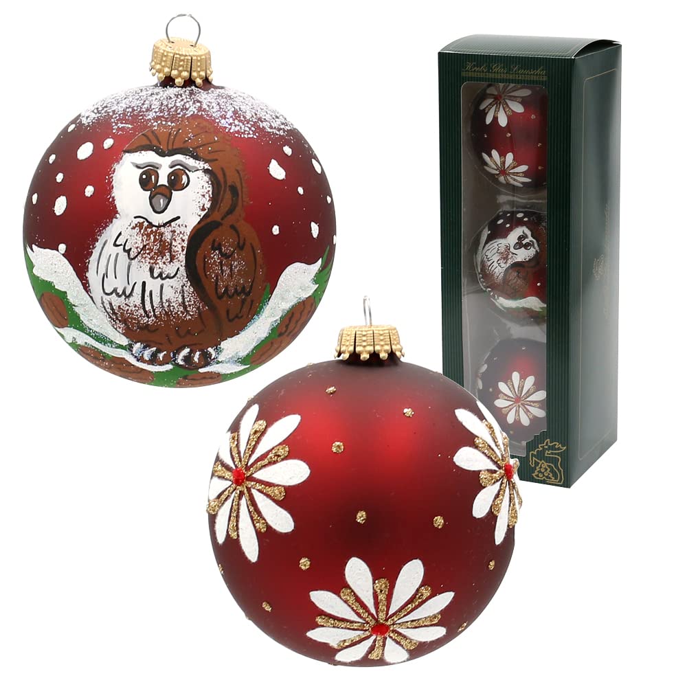 Dekohelden24 Lauschaer - Juego de 3 bolas de Navidad (8 cm), color rojo burdeos mate, con diseño de búhos y Papá Noel decoradas a mano y sopladas, 8 cm