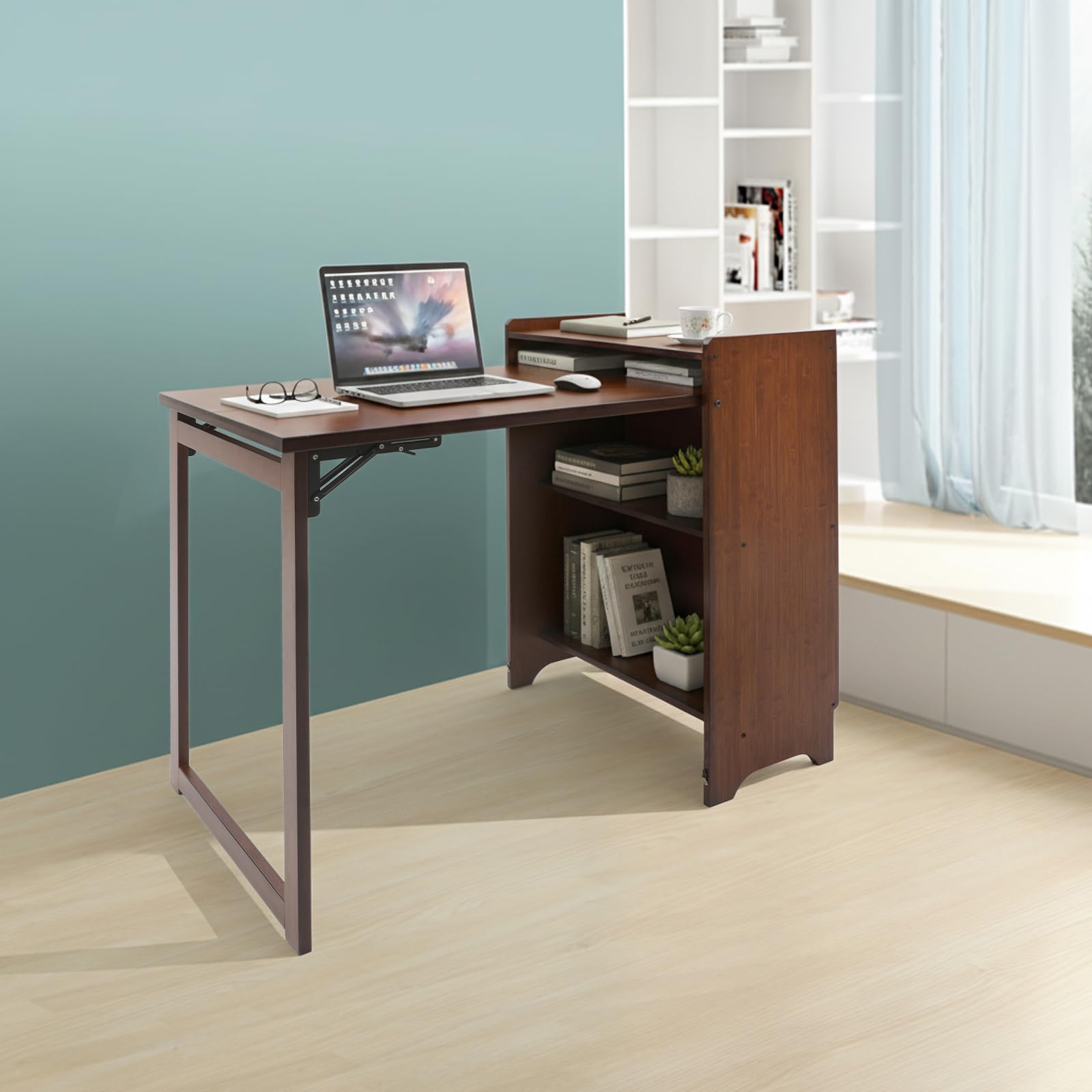 Scrivania pieghevole compatta in bambù con libreria, tavolo da scrittura convertibile per casa, ufficio, soggiorno e camera da letto, versatile armadio portaoggetti e postazione di lavoro per computer