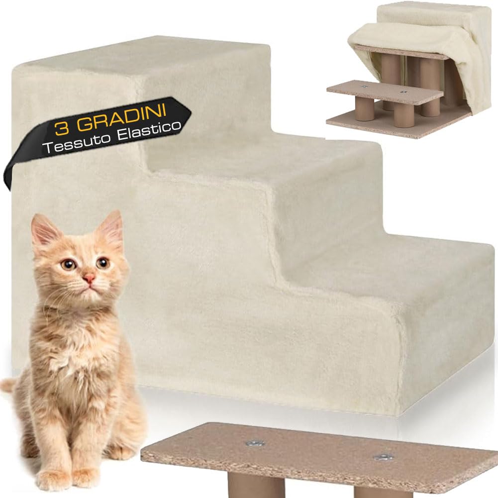 BAKAJI Scala per Animali Domestici con 3 Gradini e Rivestimento Sfoderabile in Peluche, Rampa per Gatti e Cani Anziani, Scaletta con Imbottitura ad Alta Densità, 45,5 x 36 x 34 cm… (Beige)
