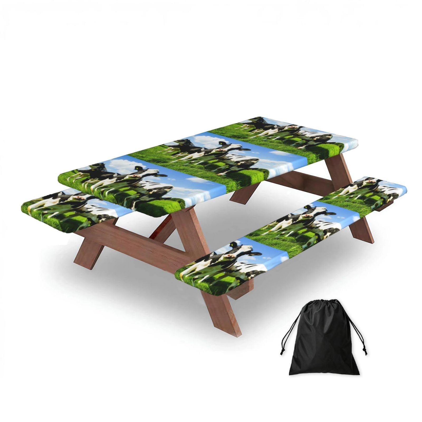 Dopklna As Picture Eating Cows On Summer Pasture, Picnic Table Cover With Bench Covers -Waterproof Elastic Fitted Tablecloth For Garden Camping Patio 76X152cm