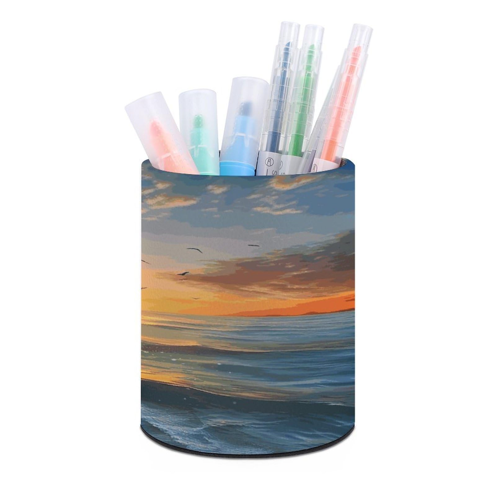 LDGSUPH Sunset Sea Round Pen Holder Leather Pen Cup Pencil Cup Pen Organizer Pencil Holder for Desk Organizer Pencil Organizers Makeup Brush Holders for Home Office Gift