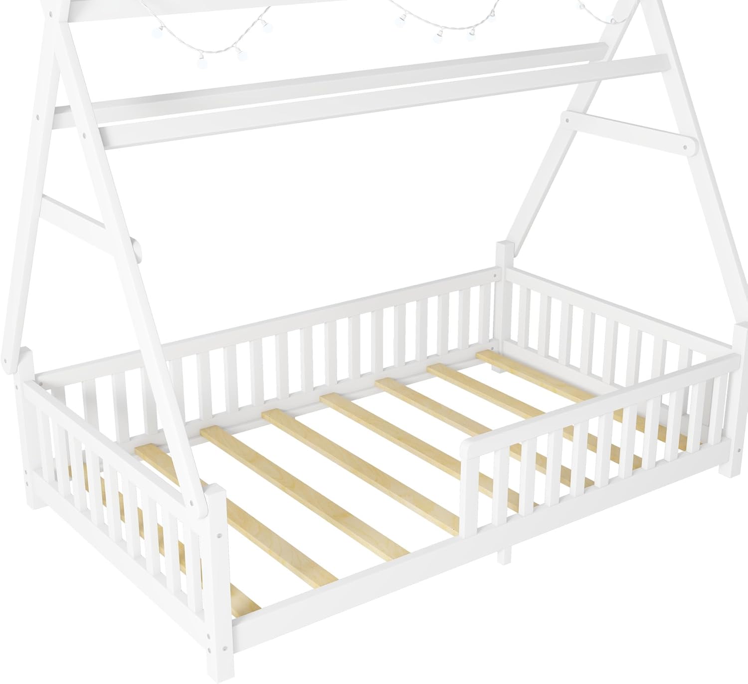 Kids House Bed Frame with Roof and Fence, Twin Size Wooden Floor Bed for Children Boys Girls, Low Profile Design with Decorative LED Light String, White