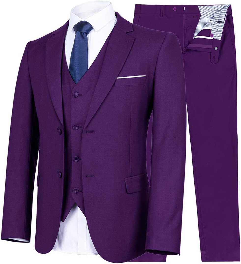YIMANIE Mens Suit 3 Piece Single Breasted Jacket Two Button Slim Fit Blazer Tux Vest&Trousers, Purple, X-Small