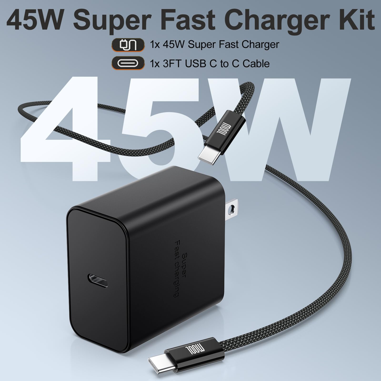 Caricatore super veloce da 45 W, USB C, USB-C, caricatore da parete con cavo di ricarica di tipo C da 0,9 m, per iPhone 16/16 Pro Max/15/15 Pro Max/15 Plus, Galaxy S25 Ultra/S25/S24, MacBook, iPad