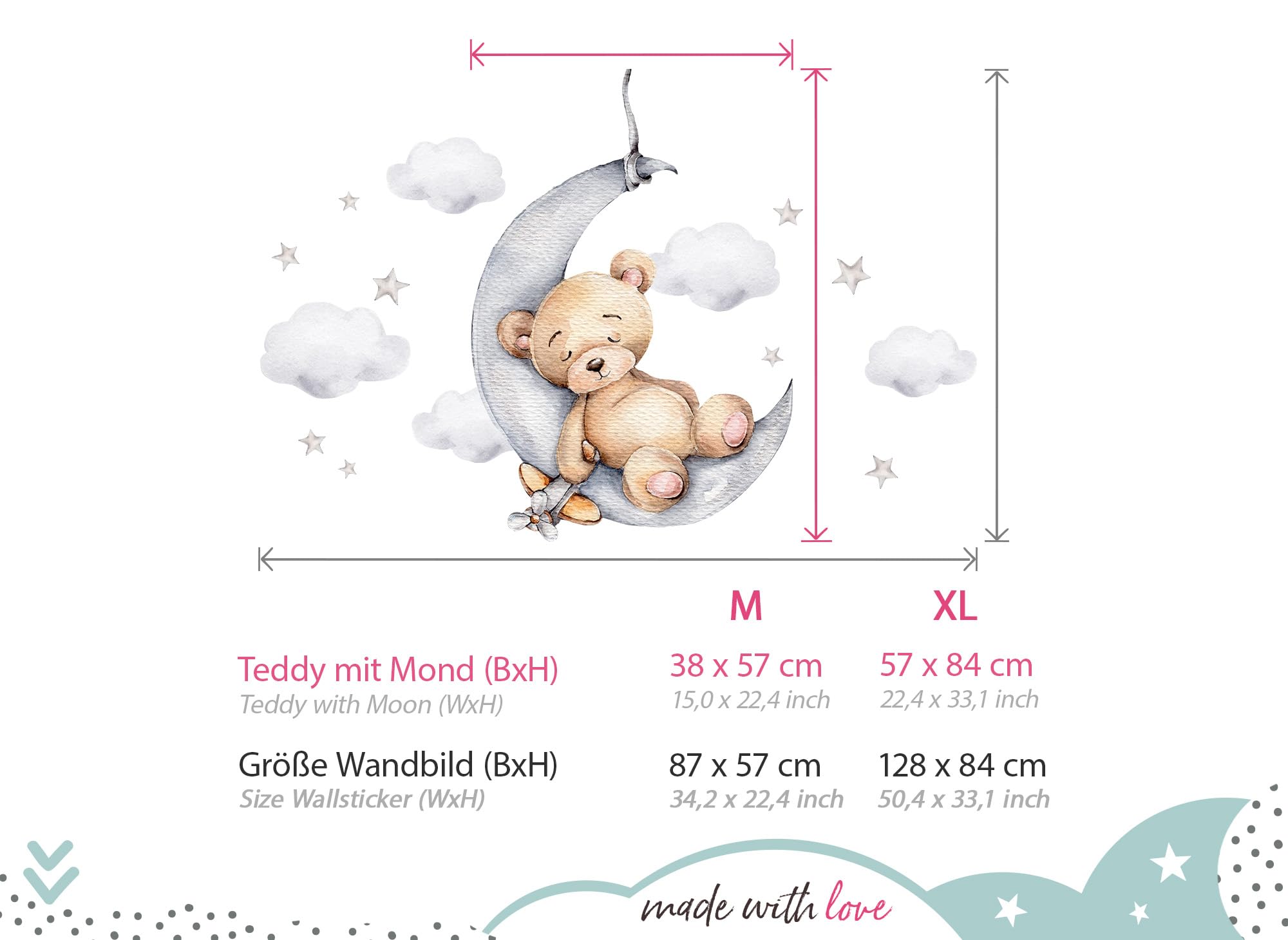 Little Deco Tatuaż ścienny niedźwiedź na księżycu naklejka ścienna do pokoju dziecięcego miś z gwiazdami dekoracja pokoju dziecięcego DL831-4