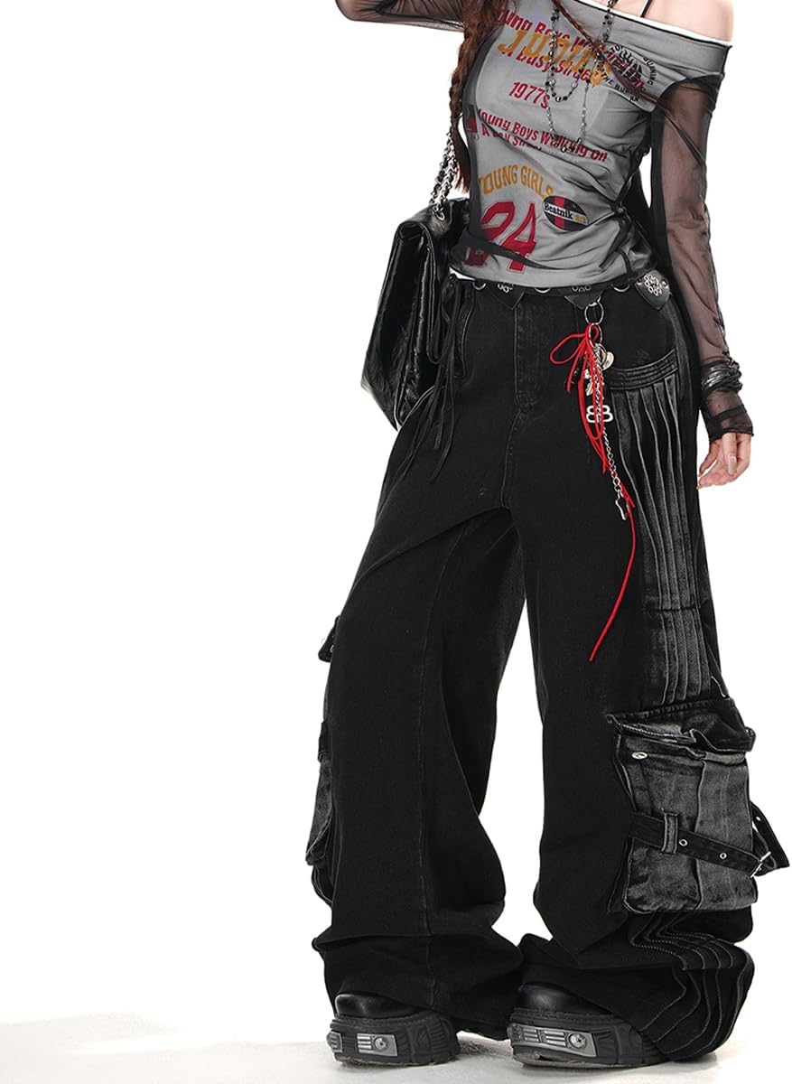 Harajuku Y2K Gothic High Waist Wide Leg Star Jeans Vintage Fashion Gradual Pleated Design Baggy Denim Pants