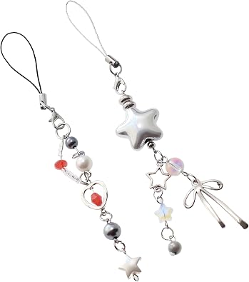 CMVFYL Silver Star Phone Charms Strap, Beaded Wrist Charm for Camera, Cute Y2k Phone String, Pearl White Decoration for Purse Bag