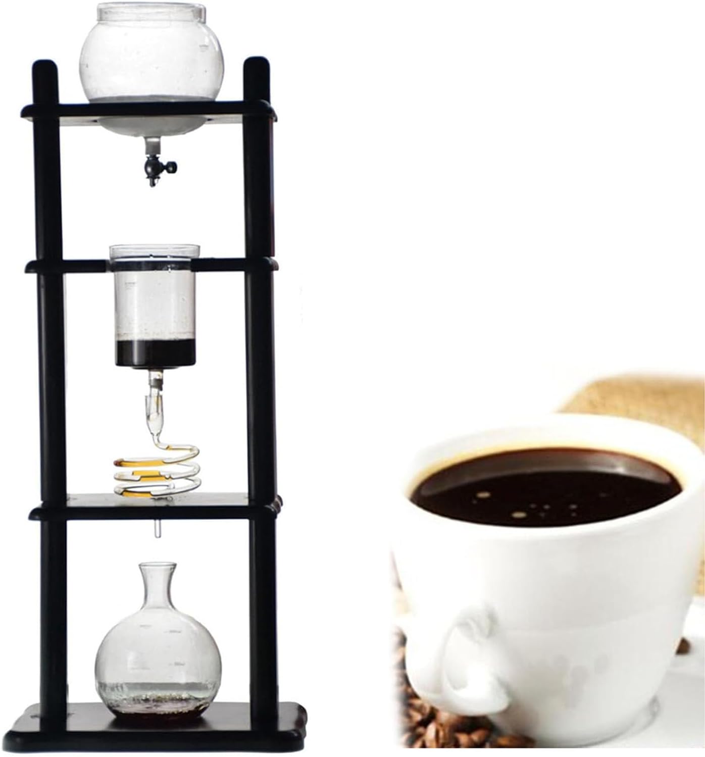 Cold Brew Drip Coffee Tower, Ice Coffee Maker - Makes 6-8 Cups, 1000ml, with Slow Drip Technology, Glass Container and Wood Stand, for Commercial Office