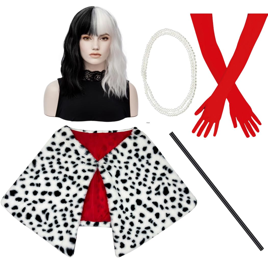TOMIGO6 Pcs Halloween Cosplay Costume Accessories with Short Black and White Wig Faux Shawl Red Gloves Costume Stick Pearl Necklace and Wig Cap
