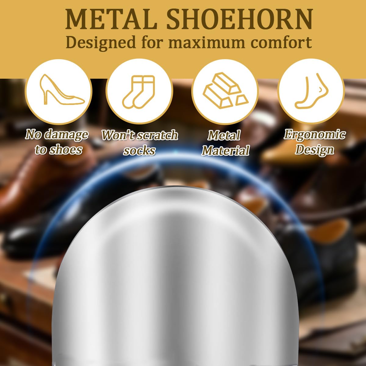 Calzador Zapatos Largo 30 cm Acero Inoxidable, Shoe Horn Metal Ergonómico con Cuerda