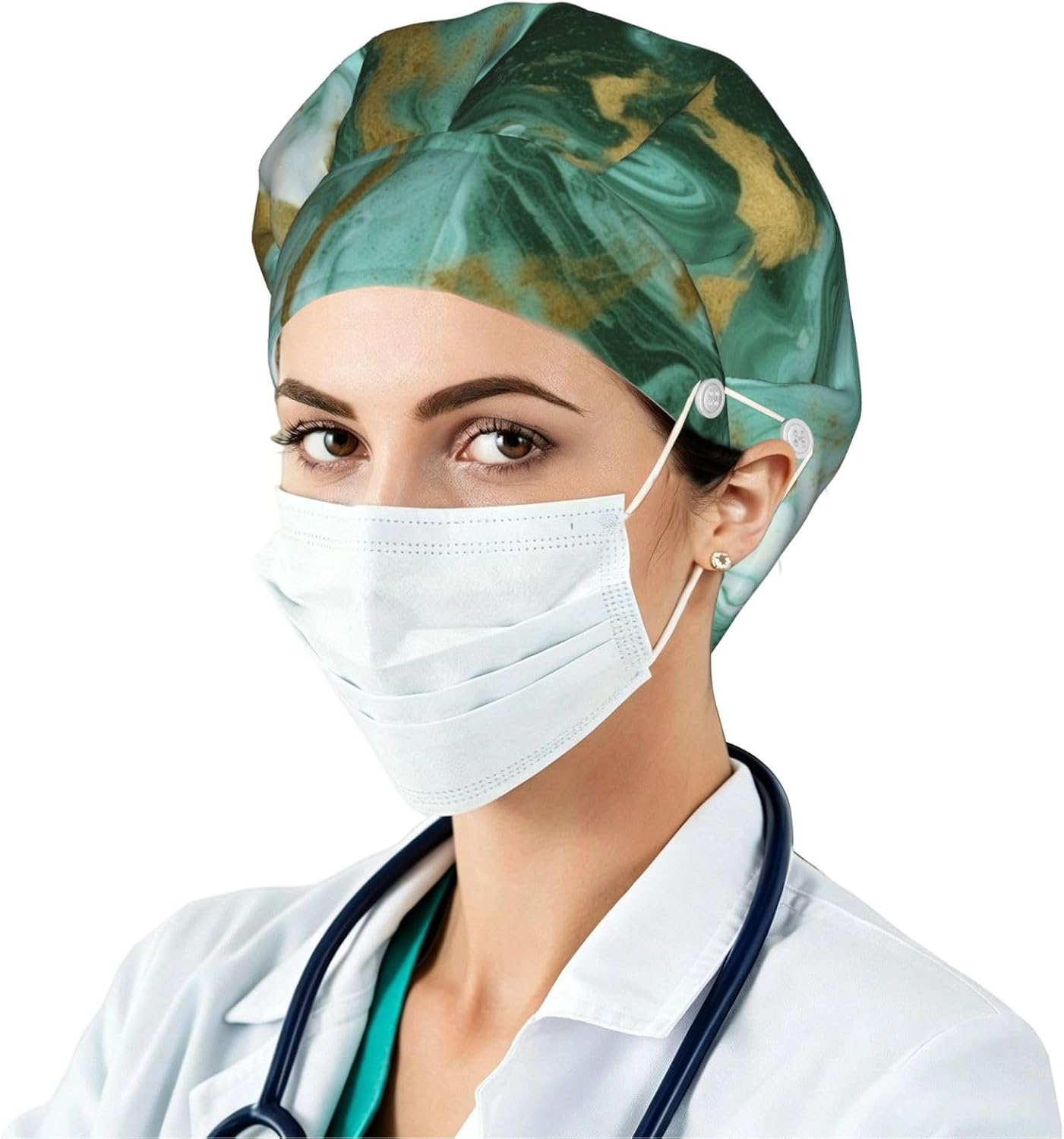 Green Gold Marble Bouffant Cap with Buttons, Sweatband Cap