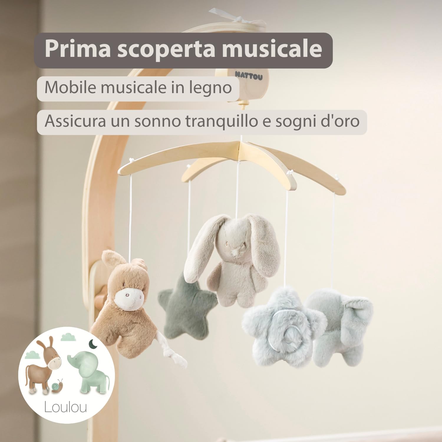 Nattou Loulou Giostrina Musicale in Legno per Bambini, Giostrina Culla Neonato, Regalo per Neonati, Regalo Nascita, 50 x 40 x 74 cm, Colori Delicati, Verde, Beige, Ecru