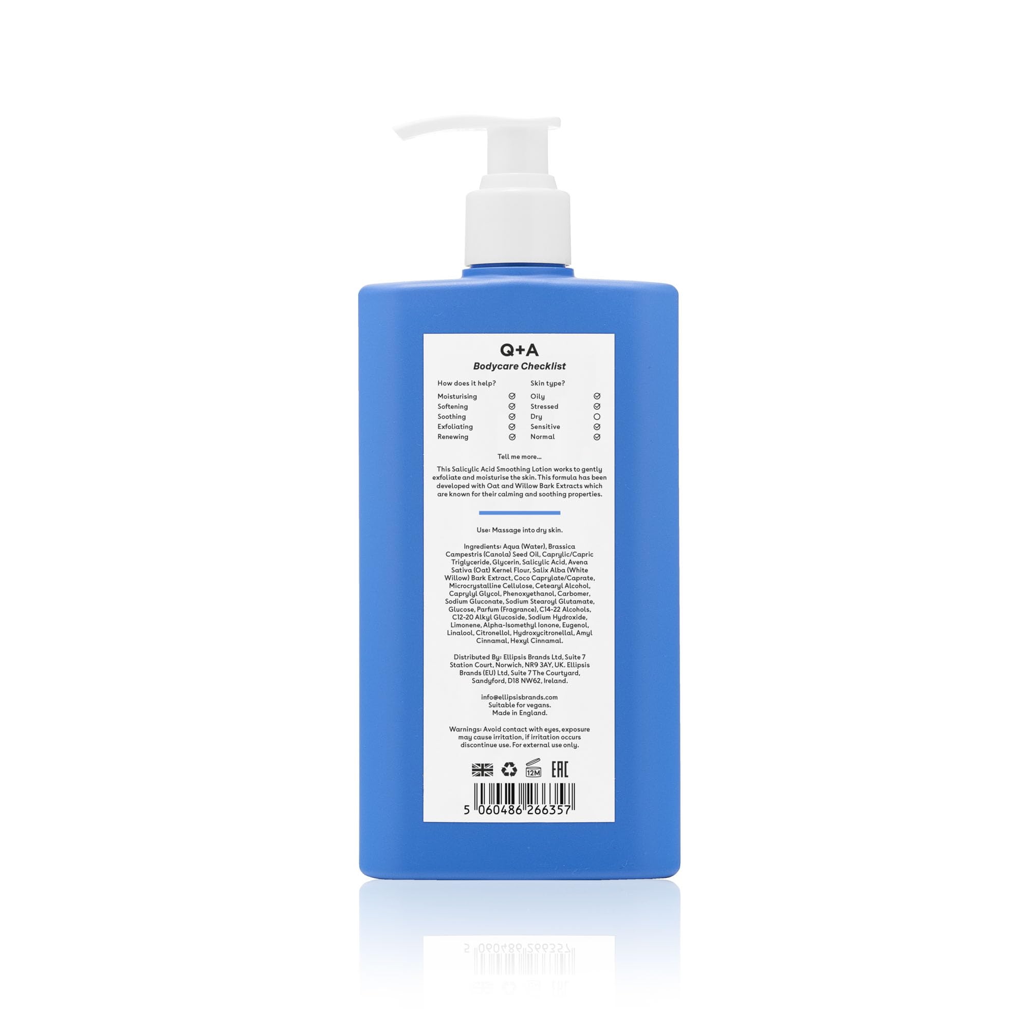Lozione Levigante all'Acido Salicilico Q+A per la Cura Mirata del Corpo, un BHA che esfolia la pelle, contrasta il 'backne' e la texture indesiderata, favorisce una pelle più liscia e sana, 250ml