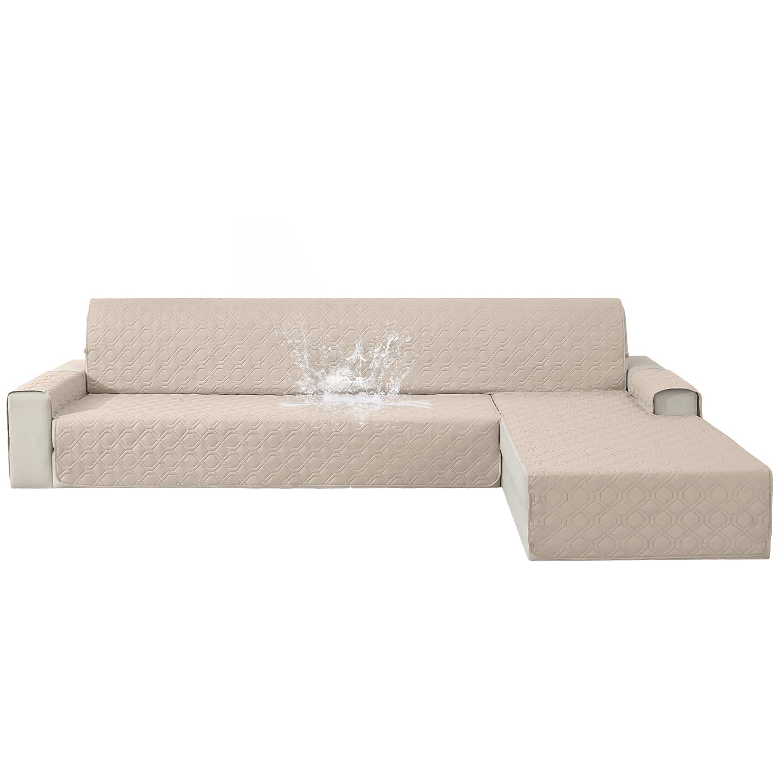 YSTELLAA Impermeabile Copridivano 3 Posti Con Penisola, Copri Divano Angolare Destra/Sinistra Universale Reversibile, Copridivano Chaise Longue Antiscivolo, Antigraffio Antimacchia, Beige