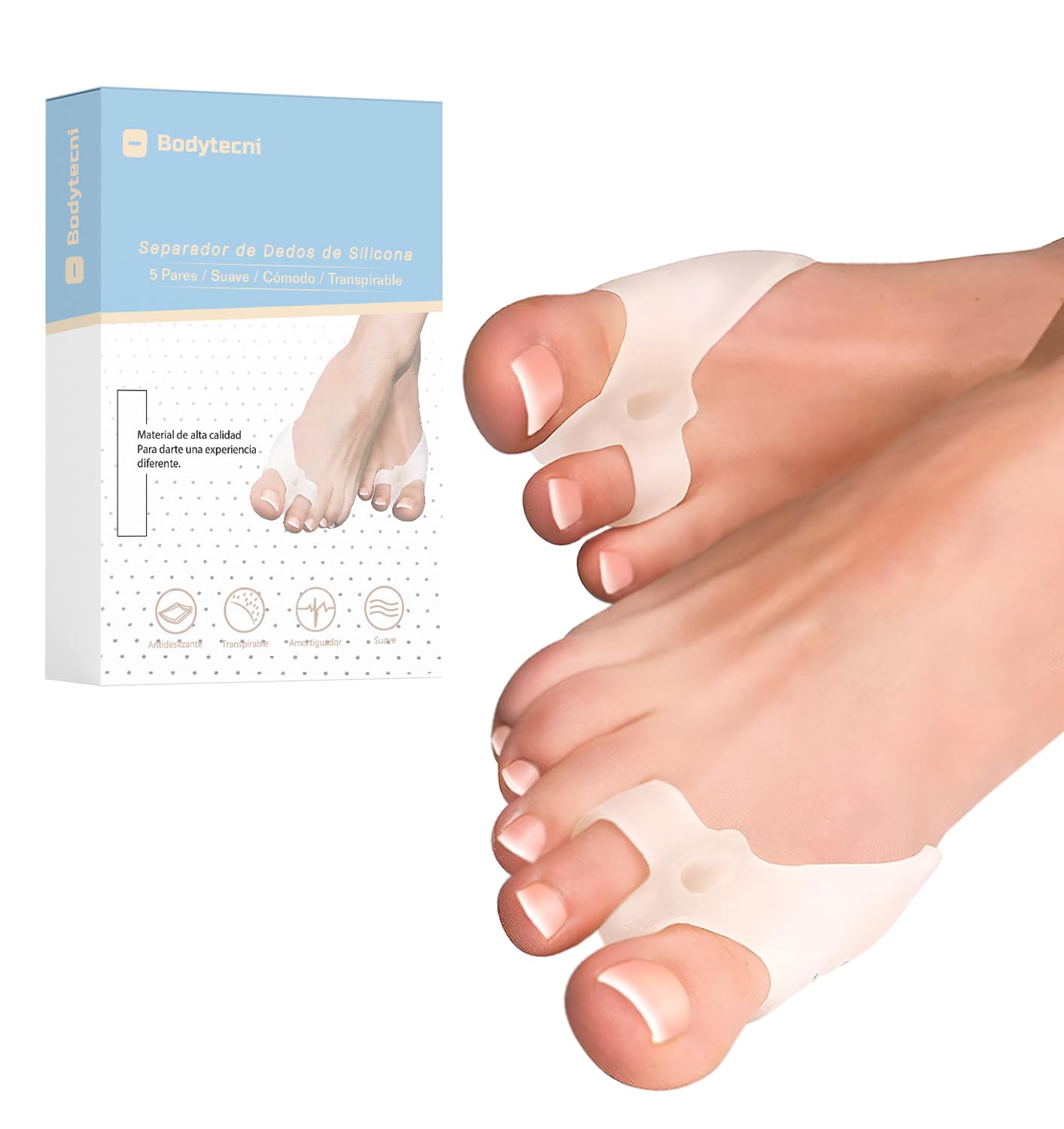 Bodytecni Corrector de Juanetes con Separador de Dedos Ajustable [10 Uds], Separador de Dedos de Pie de Silicona 0% BPA, Corrector Hallux Valgus y Dedos Superpuestos, Férula, Protector para Juanete