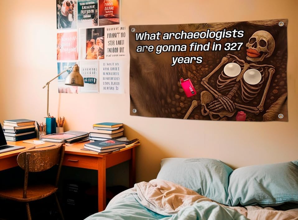 3x5 Feet Skeleton Meme Flag with Quote "What Archeologists Are Gonna Find In 327 Years" with Four Brass Grommets - Single Sided Flag with Skeleton for Bedroom - Polyester Wall Flags Decoration - Image 4