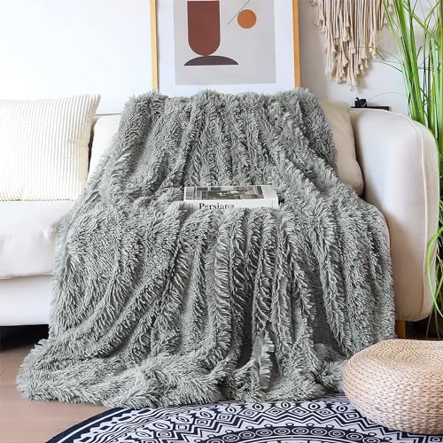 Tuddrom Decorative Extra Soft Faux Fur Throw Blanket 50" x 60",Solid Fuzzy Reversible Long Hair Shaggy Blanket,Fluffy Cozy Plush Mink Fleece Comfy Microfiber Blanket for Couch Sofa Bed,Gray Blue - Thumbnail 2