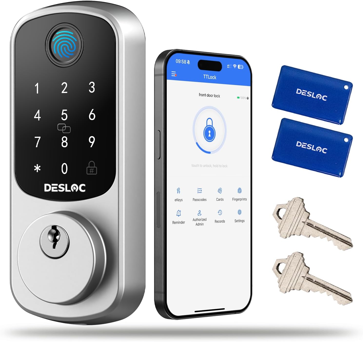 DESLOC Smart Door Lock B200, Smart Deadbolt Lock, Keyless Entry Door Lock, Fingerprint Deadbolt Smart Lock, Smart Locks for Front Door, App Control, Touchscreen Keypad Deadbolts,12-Month Battery, IP54