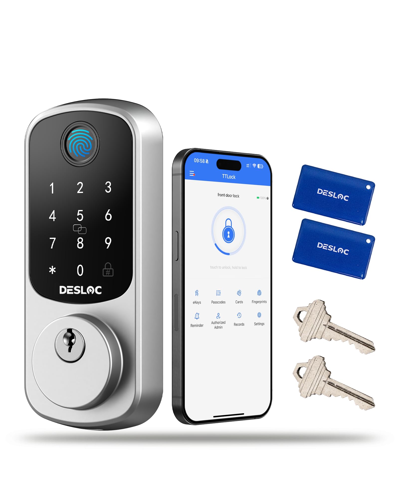 DESLOC B200 Fingerprint Smart Door Lock, Keyless Entry Door Lock, App Control, Works with Alexa, Front Door Smart Deadbolt Lock, Touchscreen Keypad, Emergency Power Port, 12 Months Battery, Silver