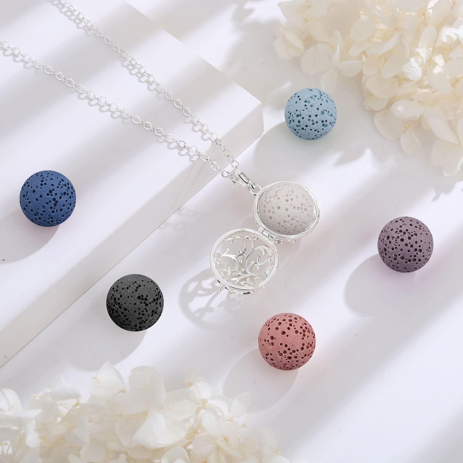 EUDORA Harmony Ball Collana Aromaterapia Ciondolo con Oli Essenziali per Donna, Collana con Diffusore Regalo di Gioielli per Ragazze con 7 Pezzi di Pietra Lavica, 24 Pollici