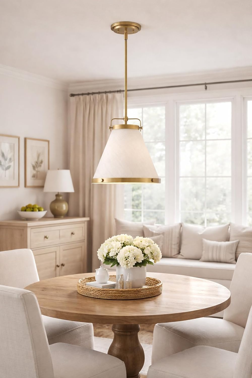 Hinkley Lexi Single Light Pendant, Off-White Textured Fabric Shade, Transitional, Includes (1) 6" and (2) 12" Down Rods, Lacquered Brass Finish