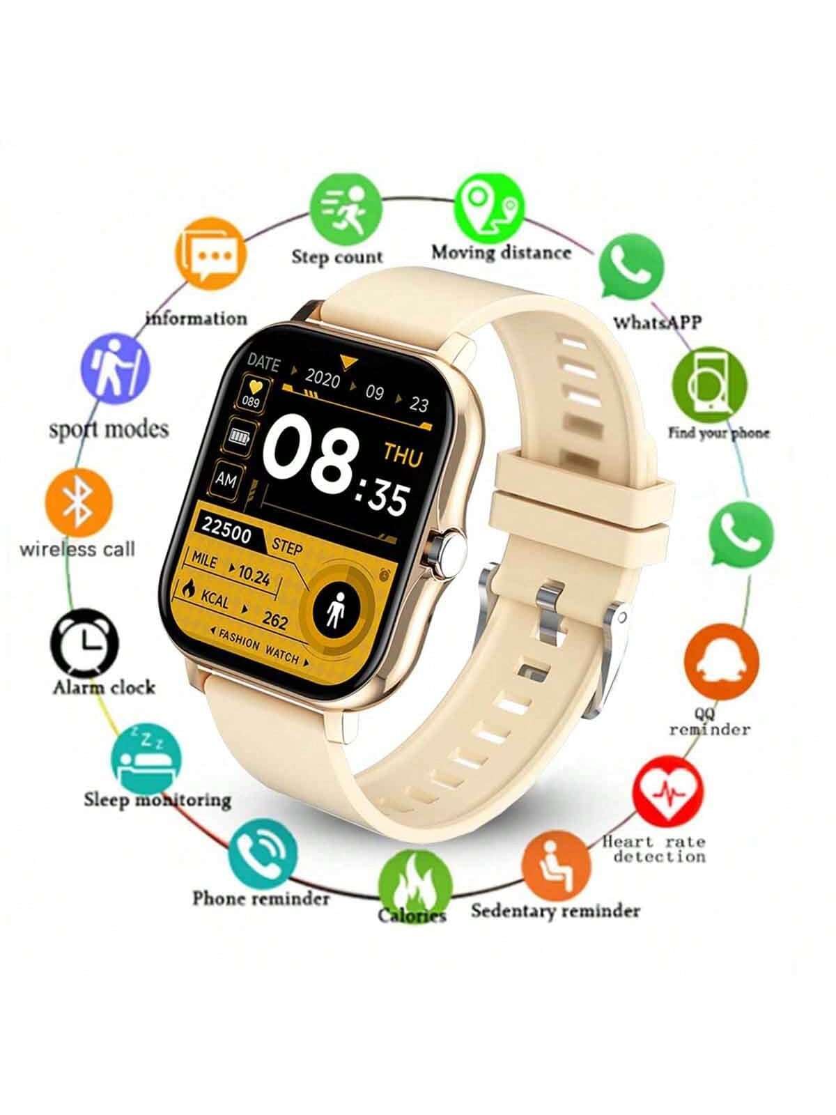 Montre Connectée Mixte, Écran Rectangulaire, Bracelet en Silicone Rose, Intuitive, Compatible Android et iOS