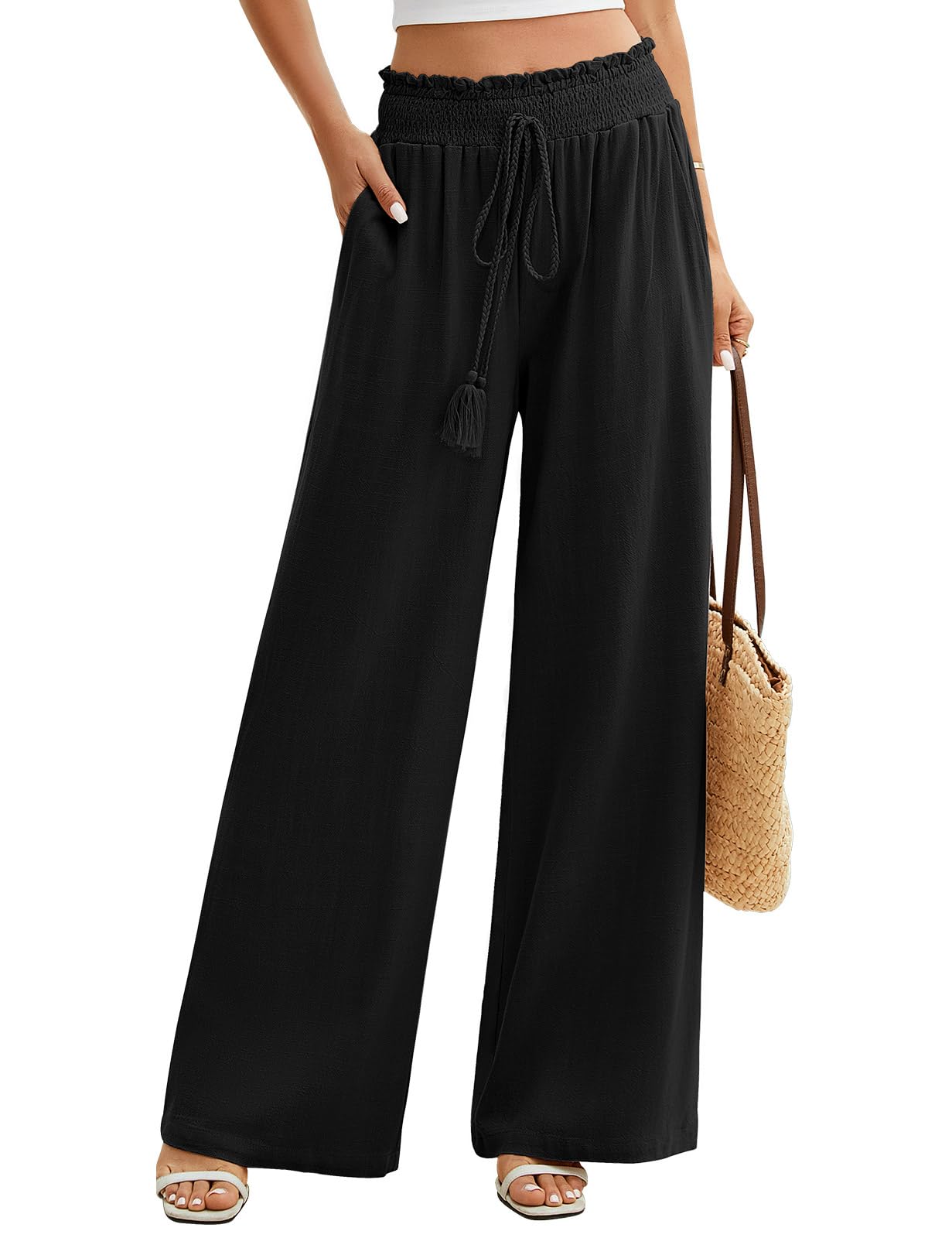 PASUDA Pantaloni Donna Estivi Cotone e Lino Pantalone Elastico a Vita Alta Eleganti Pantaloni Comodi Loose Lounge Pantaloni da Spiaggia con Tasche
