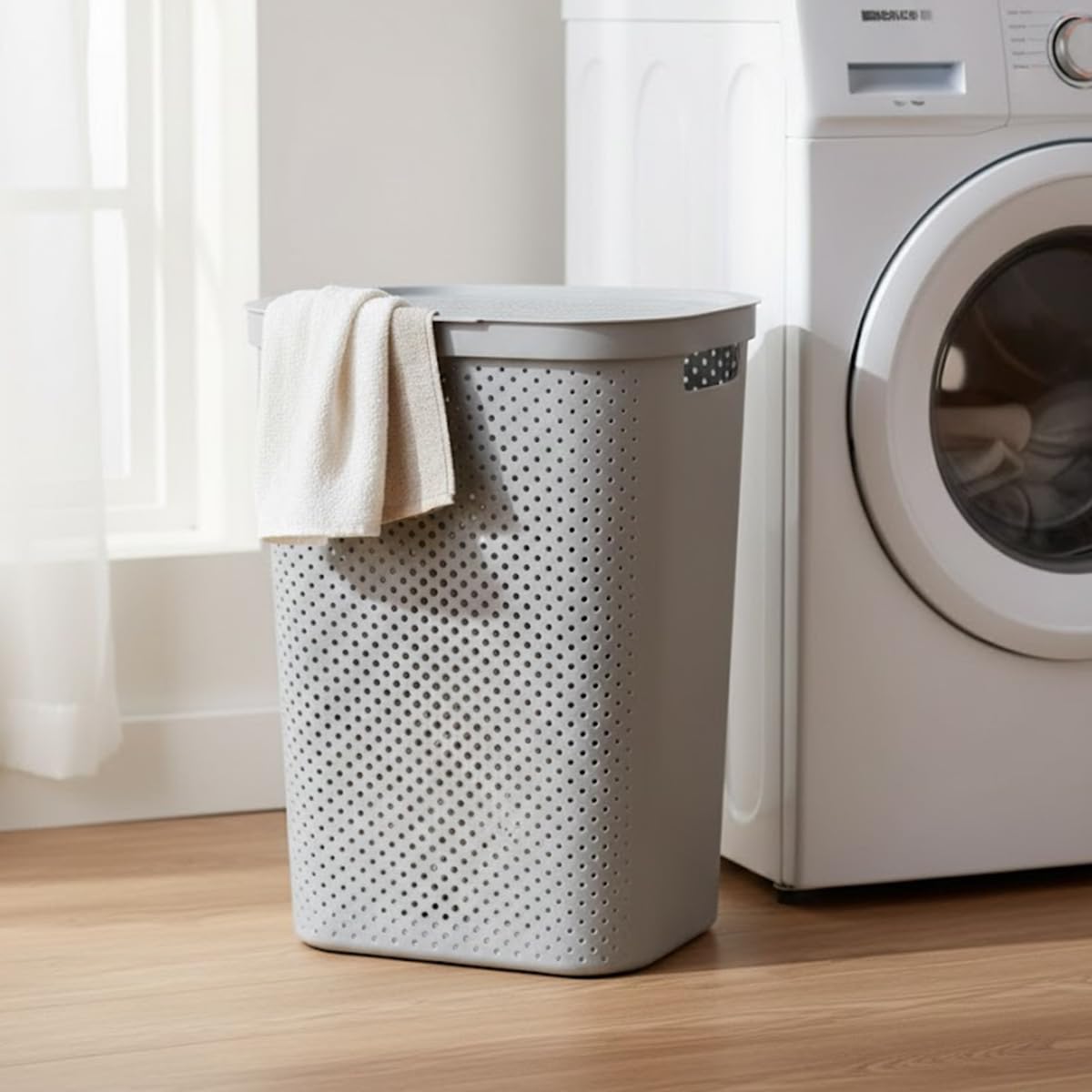 Nilkamal Elegance 58 Litre Laundry Basket with Lid Robust with in-Built Handles for Cloth, Blankets, and Laundry Storage| Ideal for Home, Bedroom and Bathroom