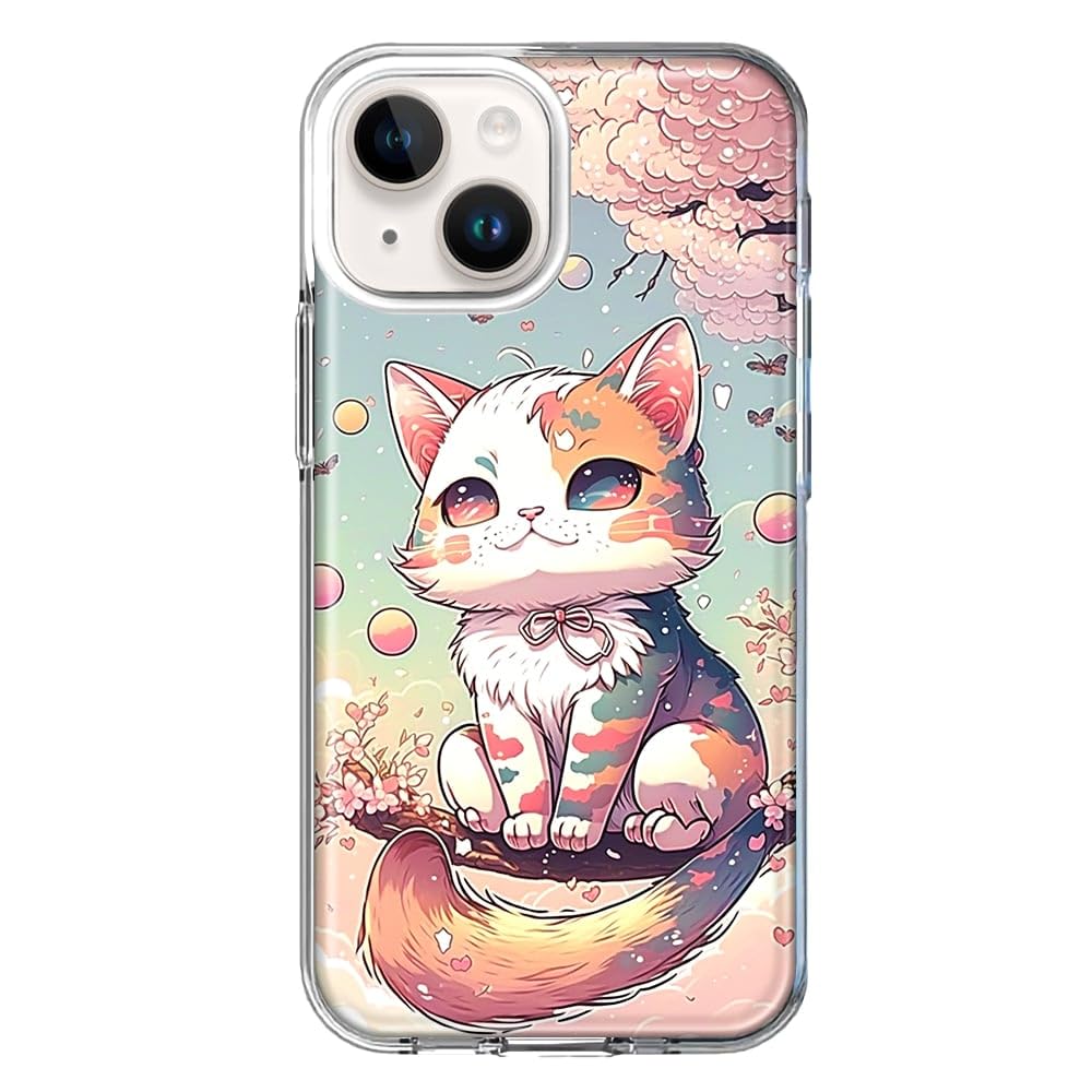 MUNDAZE Case for Apple iPhone 15 Slim Hybrid Shockproof Hard Shell Soft TPU Heavy Duty Protective Phone Cover - Kawaii Manga Pink Cherry Blossom Cute Cat