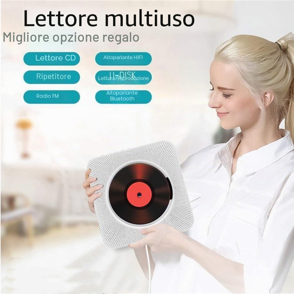 Lettore CD Portatile Bluetooth da Tavolo Montabile a Parete Altoparlanti Hifi Incorporati Boombox Audio Domestico con Telecomando (Bianco)