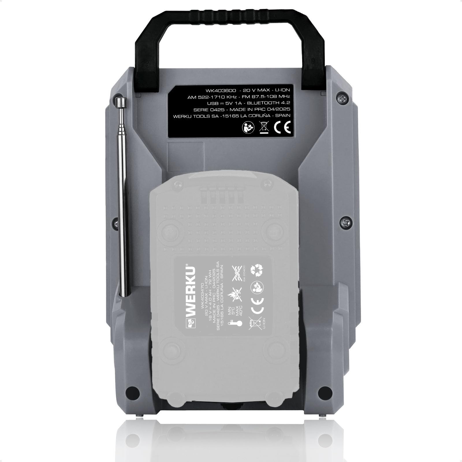 Werku WK403600, Radio Travail sans Fil, Qualité Professionnelle, Puissance 20 V, Affiche Digital, Bluetooth, Modulations AM/FM, Ports AUX/USB, Ne Comprend Batterie et Chargeur
